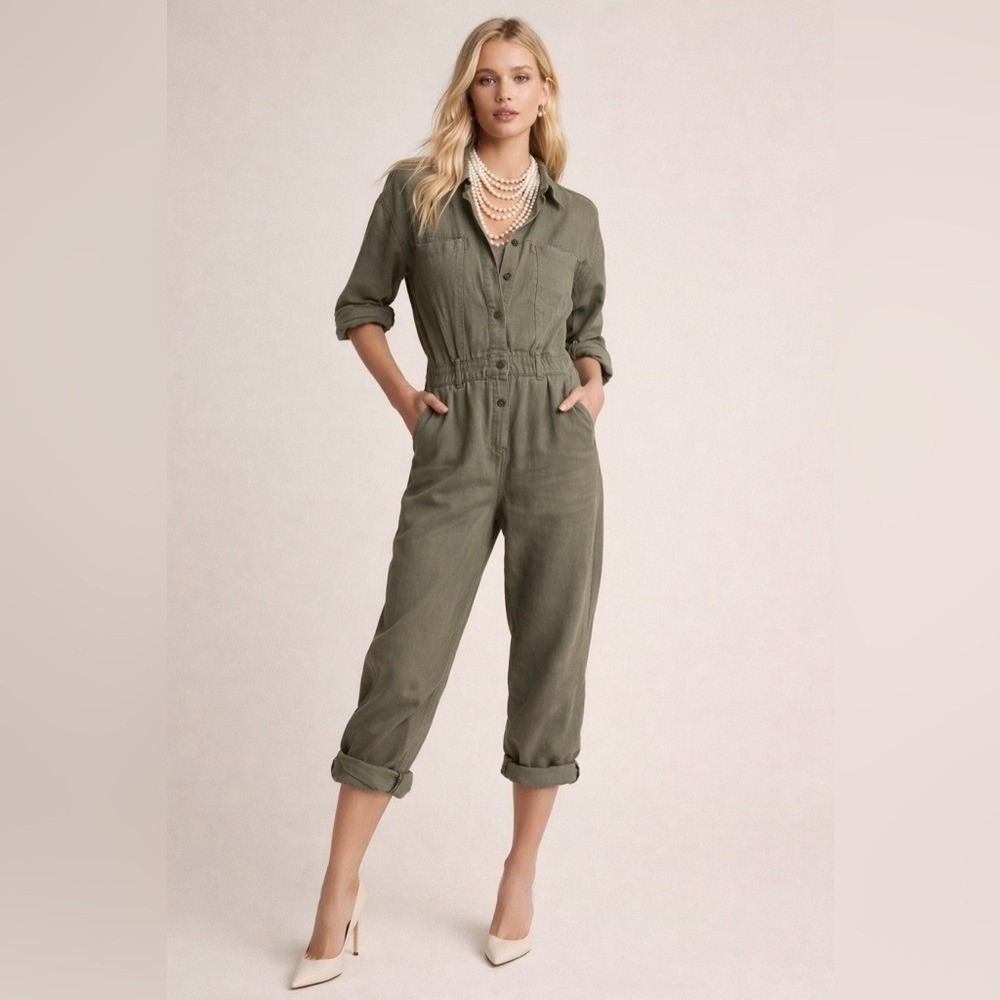 Jumpsuit Olive Green Cotton Blend Size Small Petite